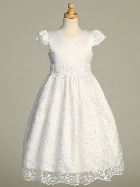 Girls White Elegant Satin & Embroidered Tulle with Sequins Tea-Length Communion Dress 6-12